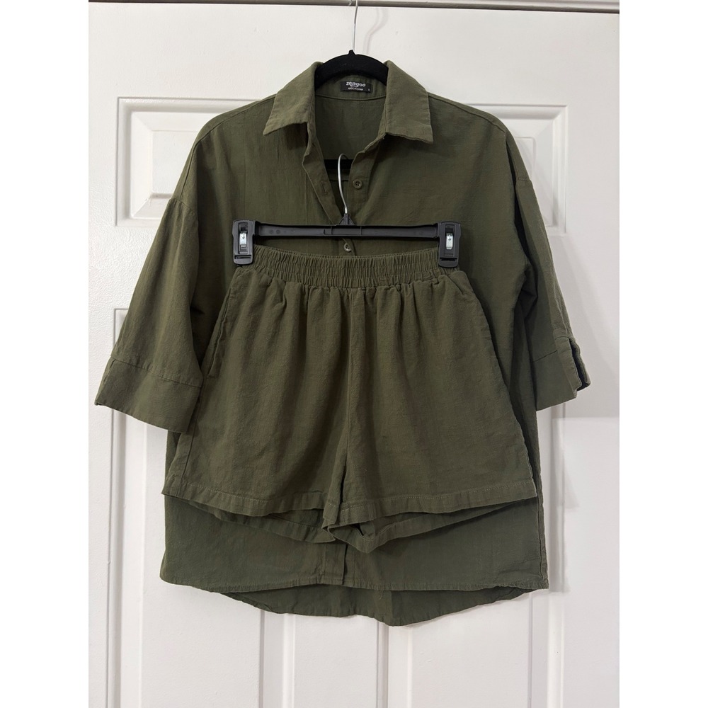 Zeagoo | 100% cotton Button Down Shirt and Shorts Set | S || Olive Green|